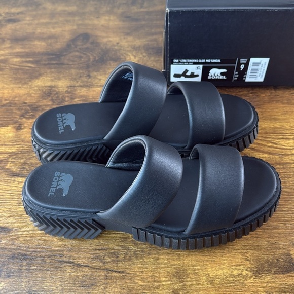 Sorel Black Leather Streetwear Slide Sandals - Picture 4 of 10